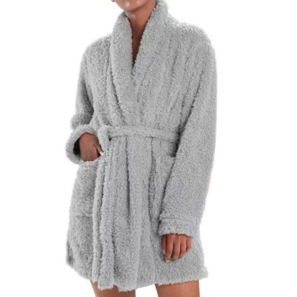 Natori Josie Plush Thigh Length Robe-Small-Pockets-Tie Closure-Gray-Soft-Lounge - Picture 1 of 7